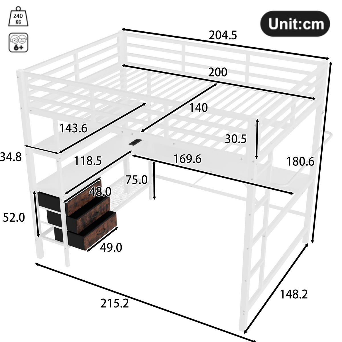 VISOKI krevet 140/200 cm s LED osvjetljenjem, stolom, USB priključkom, 3 ladice i policama, Bijela - bijela, metal (140/200cm) - Redom