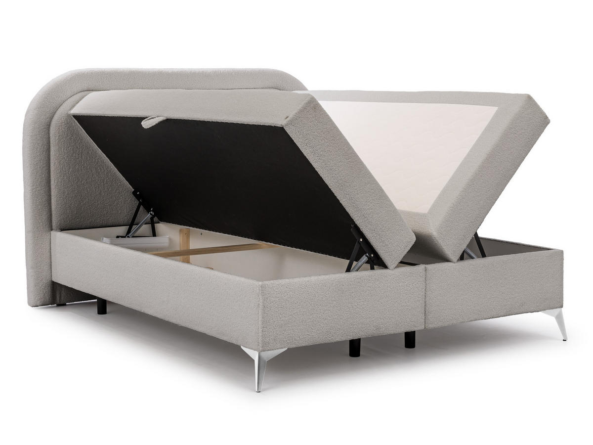 BOXBETT Sonna 140/200 cm Hellgrau Bouclé-Stoff mit abgerundetem Kopfteil und mit silbernen Metallfüßen - Silberfarben/Hellgrau, Holz/Textil (140/200cm) - S-Style Möbel