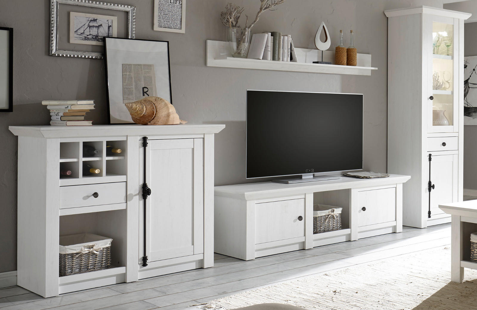 WOHNWAND Pinie weiß 4-teilig 340 cm, Schrankwand Landhaus-Stil - Schwarz/Weiß, Glas/Holzwerkstoff (340/207/45cm) - Furn.Design