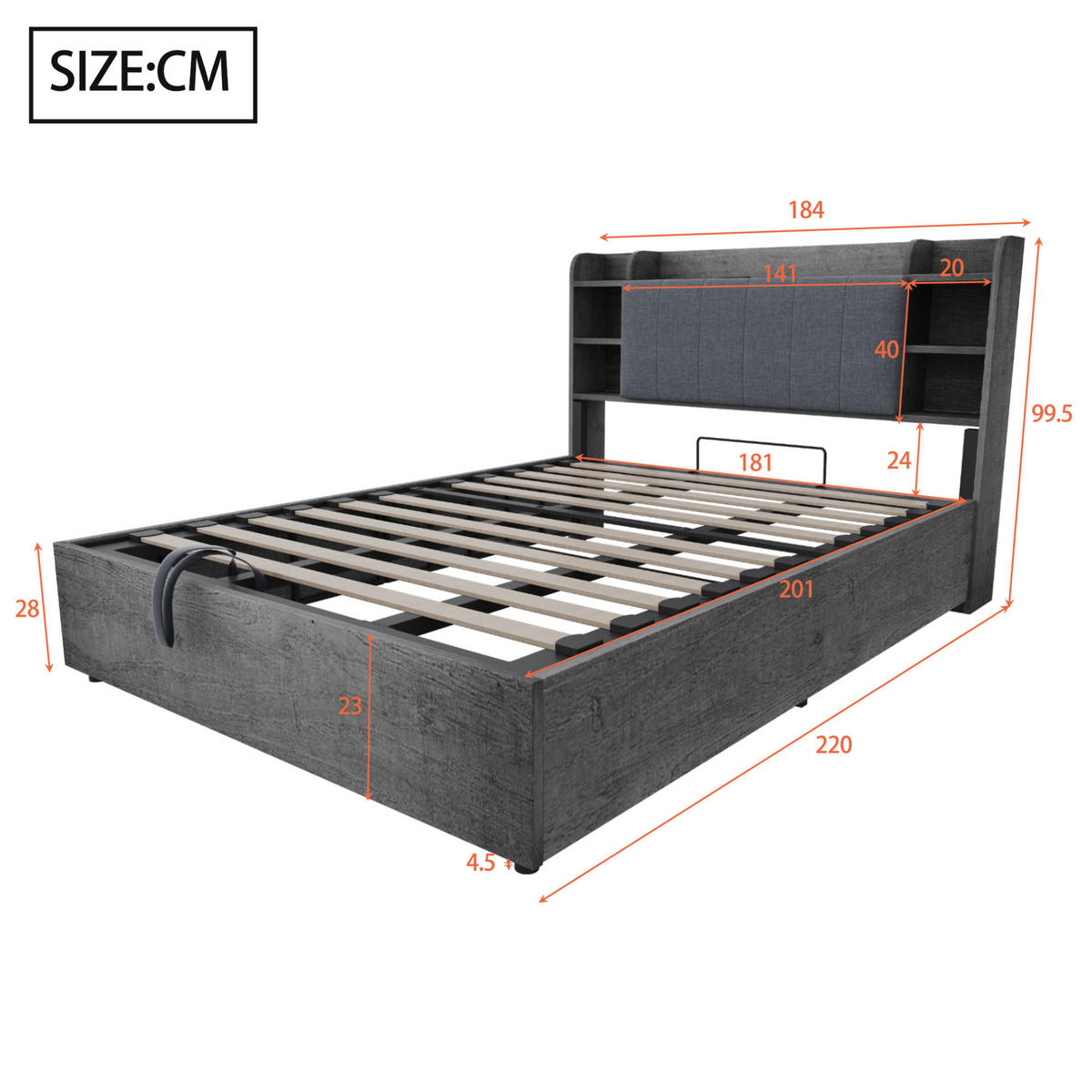 POSTEĽ 180/200 cm sivá z MDF s hydraulickým úložným priestorom a čelom s USB a USB-C - sivá, kompozitné drevo (180/200cm) - OKWISH