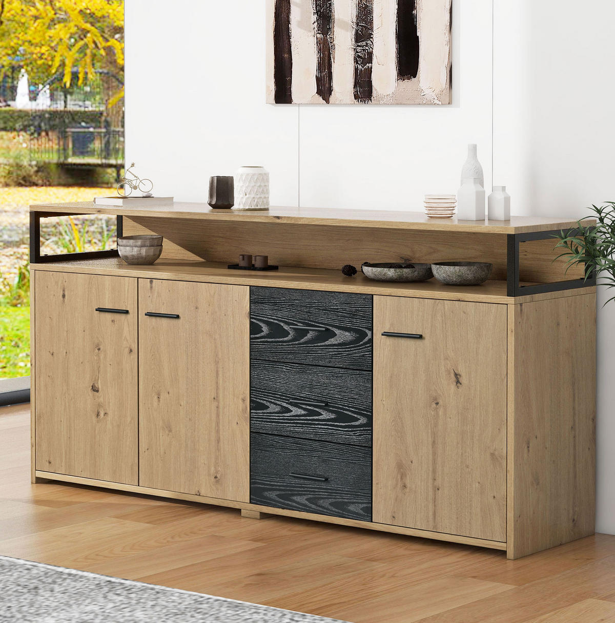 SIDEBOARD 150/35/75,9 cm aus Spanplatte mit 3 Türen und 3 Schubladen Schwarz/Braun - Naturfarben, Holzwerkstoff (150/75.9/35cm) - Modenvie