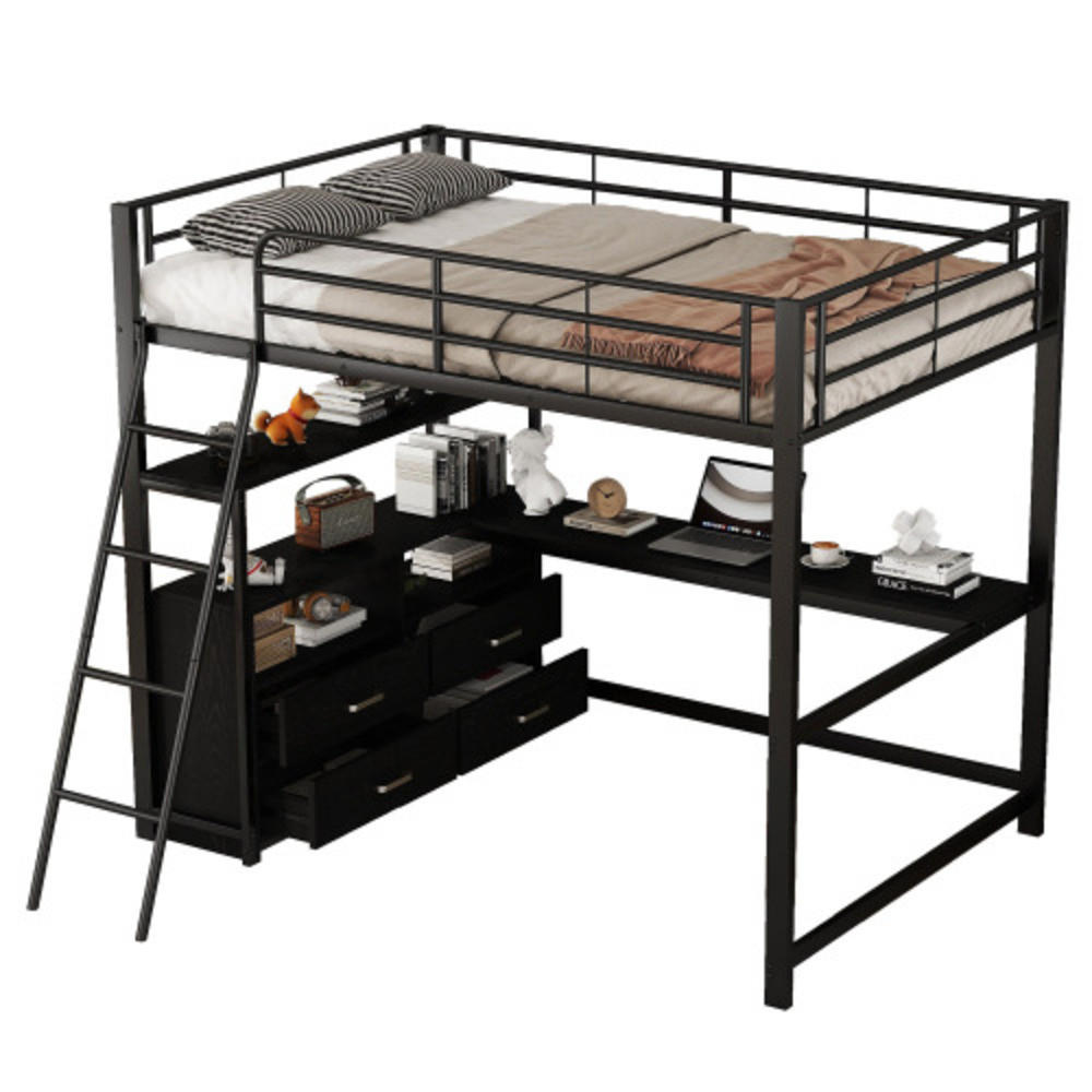 HOCHBETT 140 × 200 cm mit Metallrahmen, L-förmigem Schreibtisch und 4 Schubladen, schwarz - Schwarz, Metall - Luhomfu