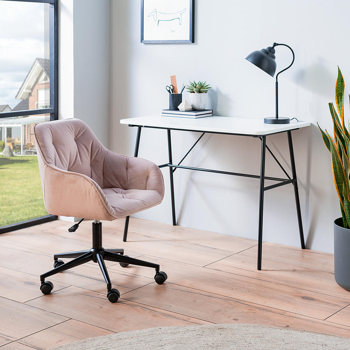 BÜROSTUHL - Samt - Schwarz/Altrosa, Kunststoff/Metall (56/80/56cm) - home24