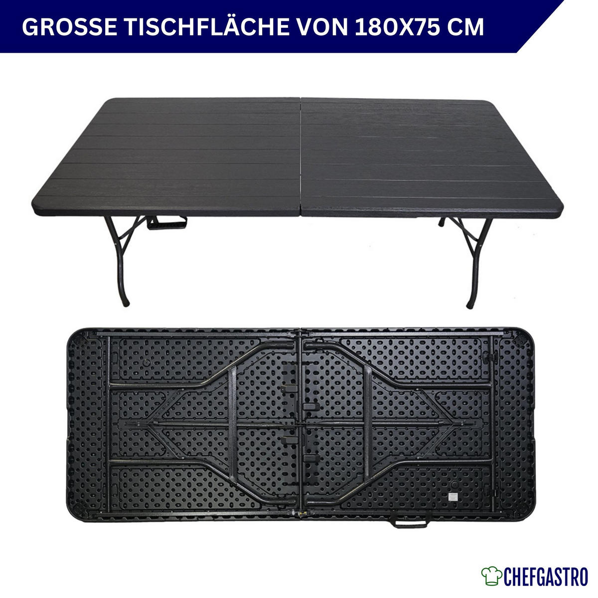 BIERZELTGARNITUR klappbar 180cm 3-teilig 1x Buffettisch 2x Bierbänke Holz Optik Kunststoff - Schwarz, Kunststoff - CHEFGASTRO