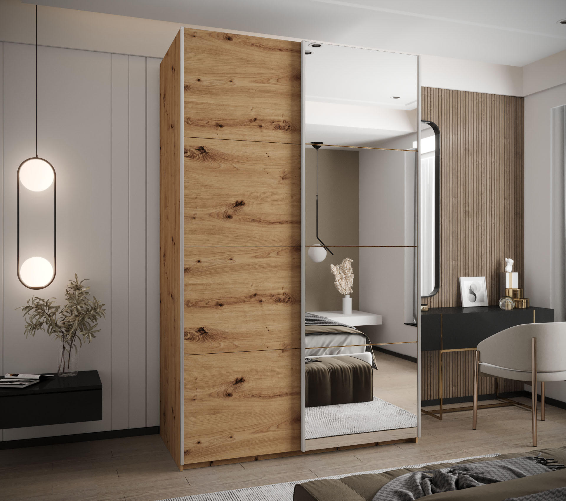 SCHWEBETÜRENSCHRANK 245,5/160/64 2-türig - Silberfarben/Eiche Artisan, Holz/Metall (160/245/64cm) - Abiks Möbel