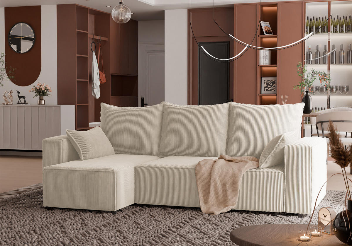 ECKSOFA Tobi mit Bettkasten und Schlaffunktion, L-Form, Cordstoff, Universal - Beige, Holzwerkstoff (246/145cm) - 4ALL HOME