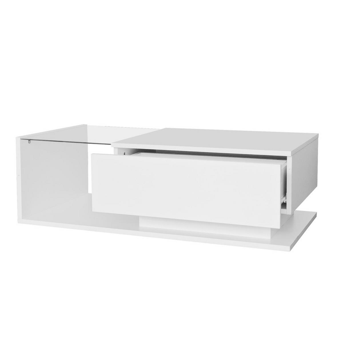 COUCHTISCH 100x50cm Hochglanzweiß Glasplatte Schublade LED-Beleuchtung - Weiß, Holz (100/50/32cm) - FLIEKS