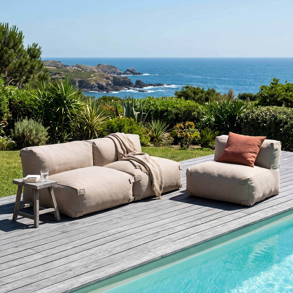 GARTENSOFA mit 3 Sitzplätzen, Sandfarbe - Gelb, Textil - Oviala