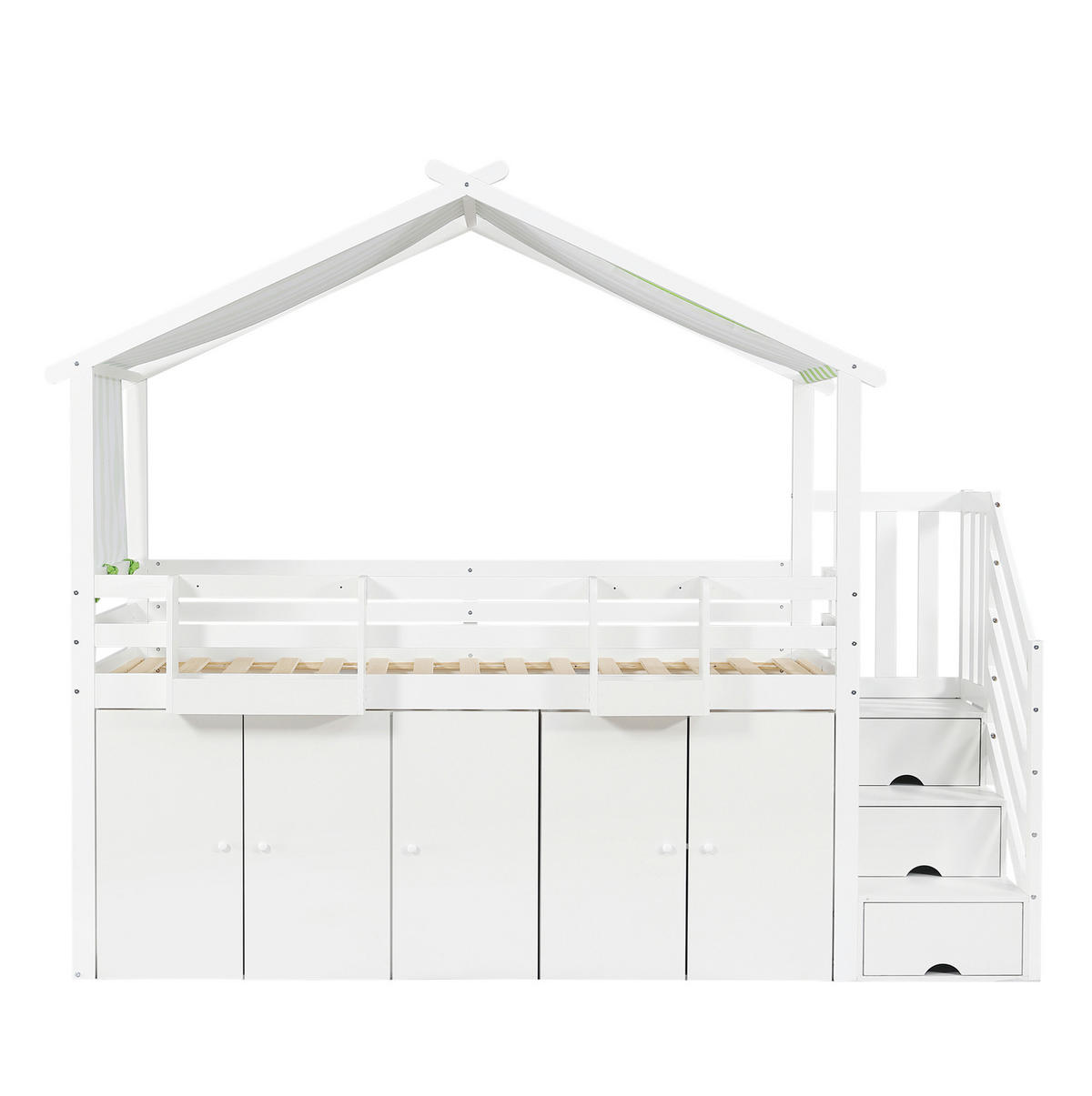 ETAGENBETT 90/200 cm mit Stauraumtreppe, Kleiderschrank, Fallschutz und Dachdesign, Weiß/Grün - Weiß, Holz (90/200cm) - Redom