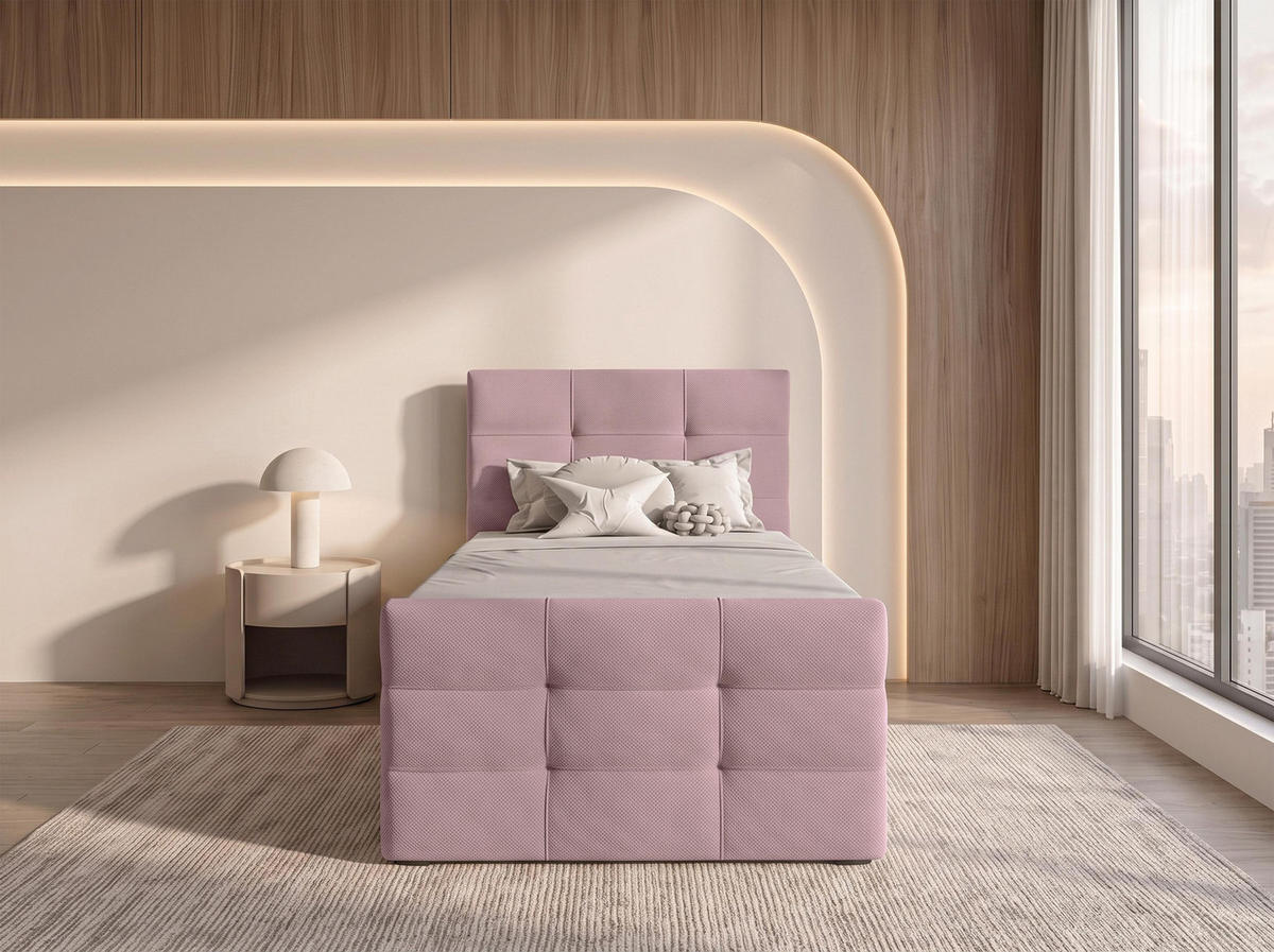 BOXBETT DEFNE 100x200 cm mit Fußteil und Matratze - Rosa + TOPPER - Schwarz/Rosa, Holz/Holzwerkstoff (100/200cm) - AX Living