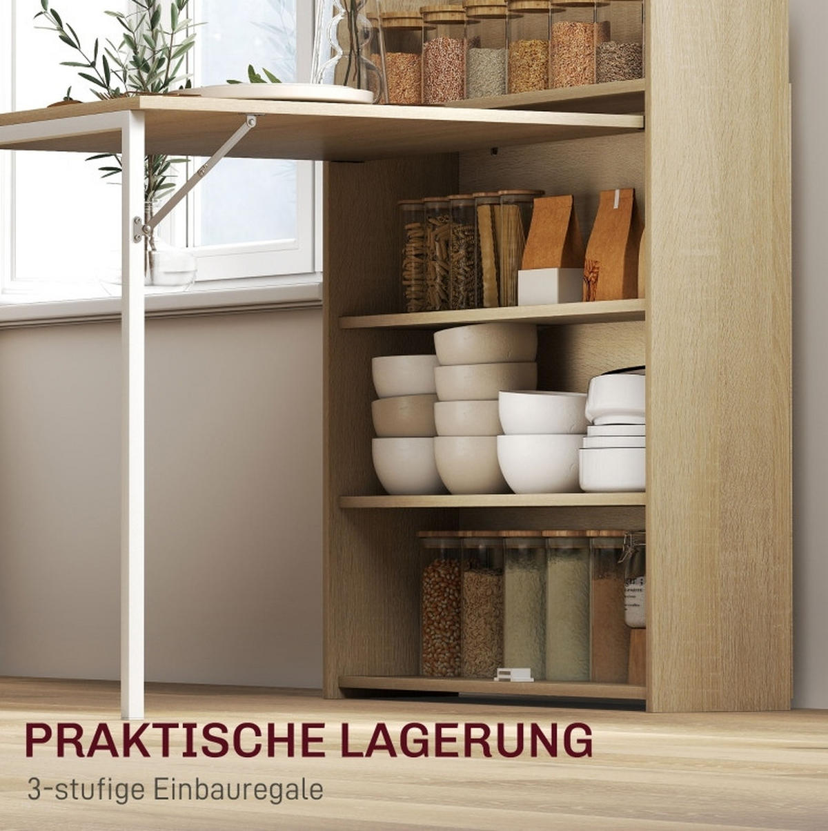 ESSTISCH aus Holz 78,5x91x93 cm Eichefarben klappbar mit 3 Regalfächern im Industriedesign - Eichefarben, Holz (91/78.5/93cm) - Modfu