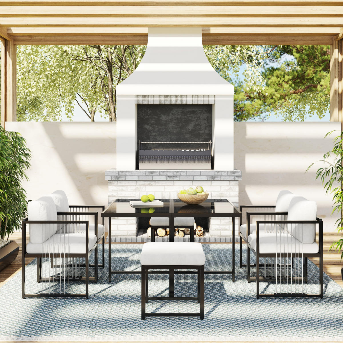 GARTENMÖBEL-SET Modernes 7-tlg. Weiß/Schwarz - Weiß, Metall - ComfortXL