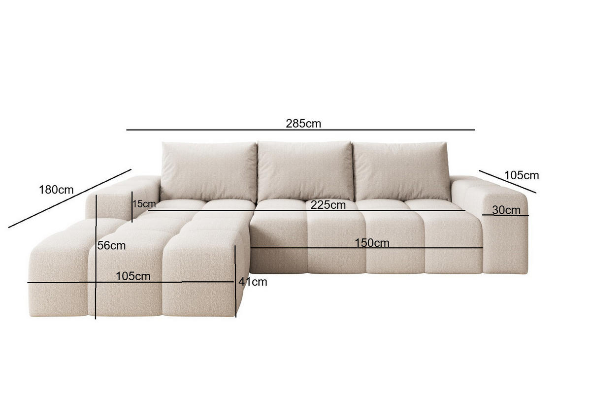 ECKSOFA Cento, L-Form, Ottomane links, Teddy-Bouclé-Stoff, 285x56x180 cm, Beige - Creme, Holz (180/285cm) - PROMETO Möbel