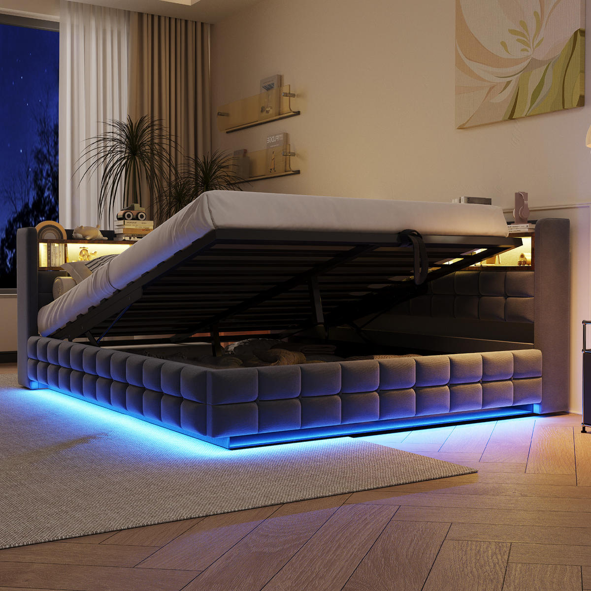 SCHLAFSOFA mit Stauraum und LED 140x200 cm Samt Grau - Grau, Metall (140/200cm) - Meubliv
