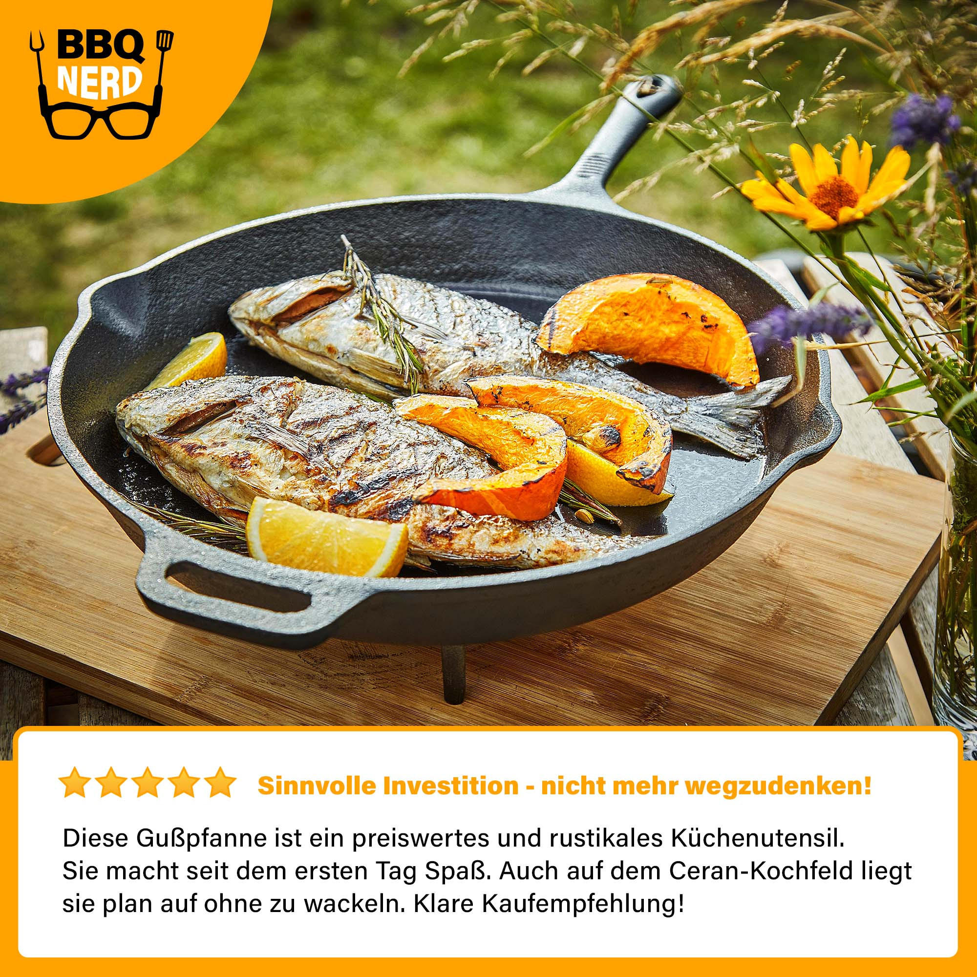GRILLPFANNE Gusseisen Ø25cm 2600g mit Griff - Pfanne Gusspfanne - Schwarz, Metall (26.5/6/44.5cm) - BBQ Nerd