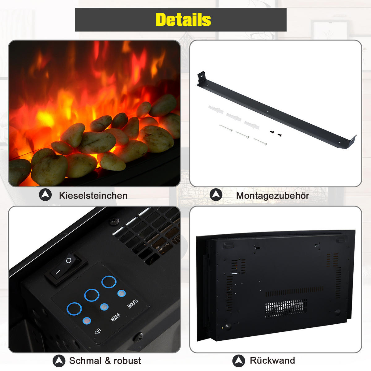 ELEKTROKAMIN, 2 Leistungsstufen einstellbar, 900/1800 W LED, Edelstahl, Schwarz - Schwarz, Metall (11.4/52/65cm) - HOMCOM