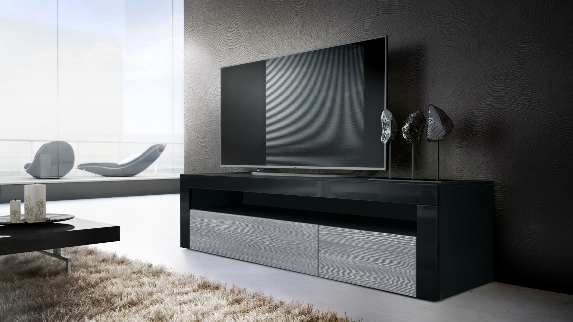 Thumbnail - Vladon Lowboard, Anthrazit, Schwarz Hochglanz, Holzwerkstoff, 155x46x40 cm, Wohnzimmer, Wohnwände, Lowboards, Lowboards ...