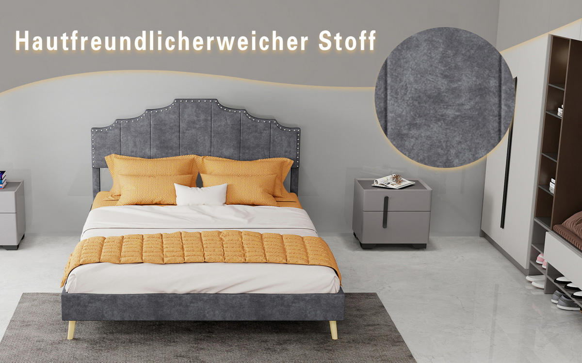 POLSTERBETT 140/200 cm mit geometrischem Kopfteil und Lattenrost, Hollandwollstoff, Grau - Grau, Textil (140/200cm) - Redom