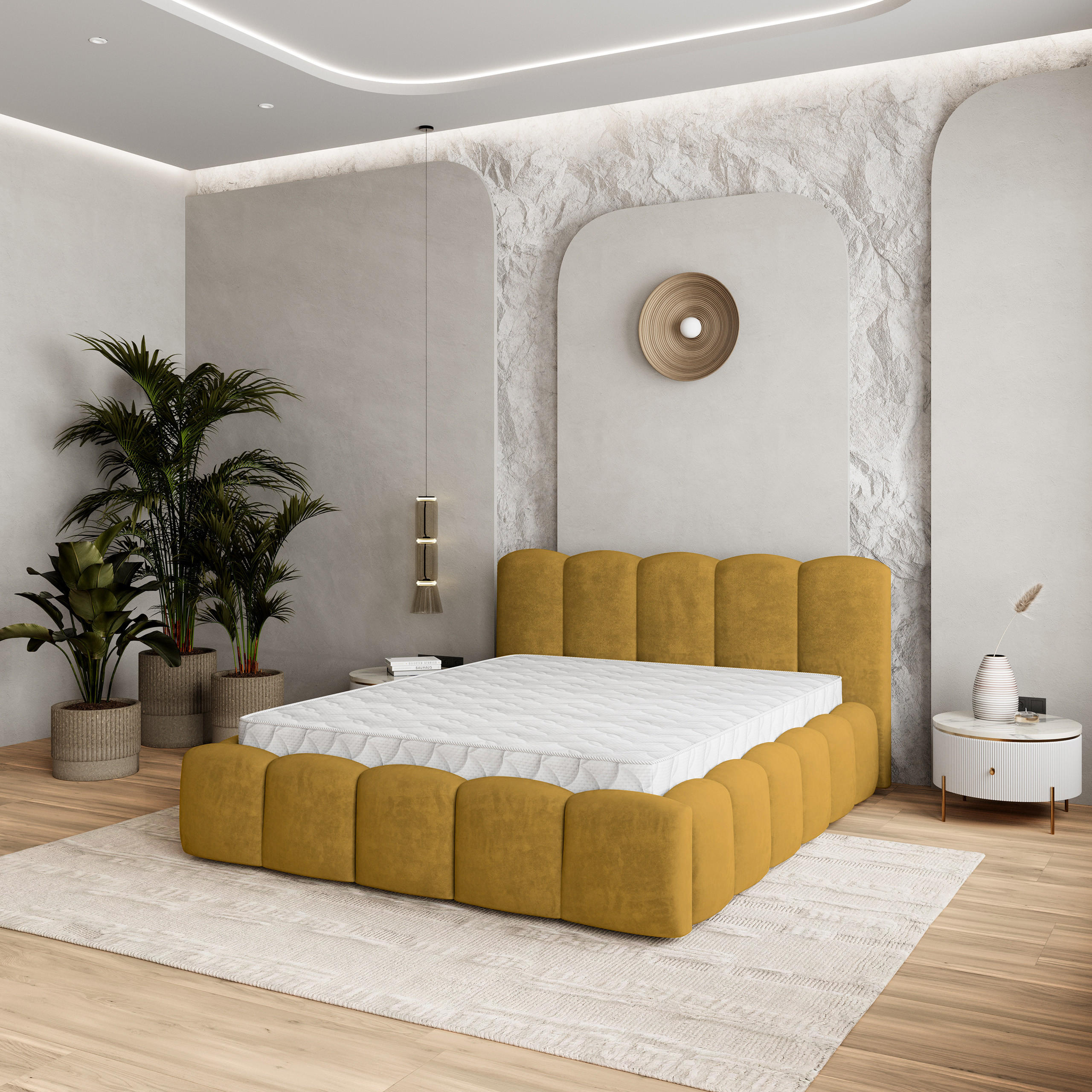 POLSTERBETT FALINA 140x200 cm mit Bettkästen - Gelb - Gelb, Holz (140/200cm) - MASSENO
