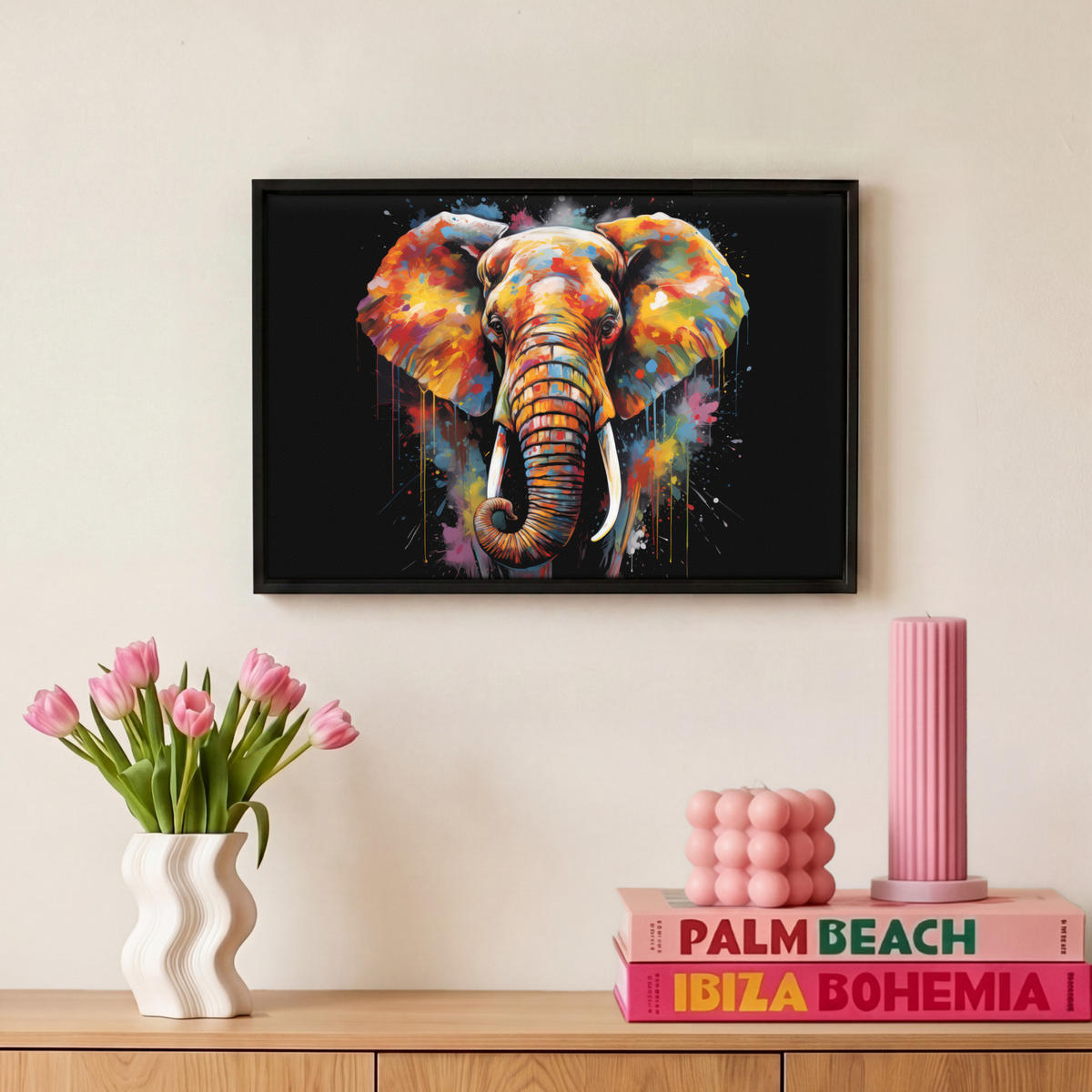 LEINWAND Bilder mit Rahmen - Elefant - Graffiti - Schwarz - Tiere - Farben - 30x20 - Schwarz, Textil (30/20cm) - MuchoWow