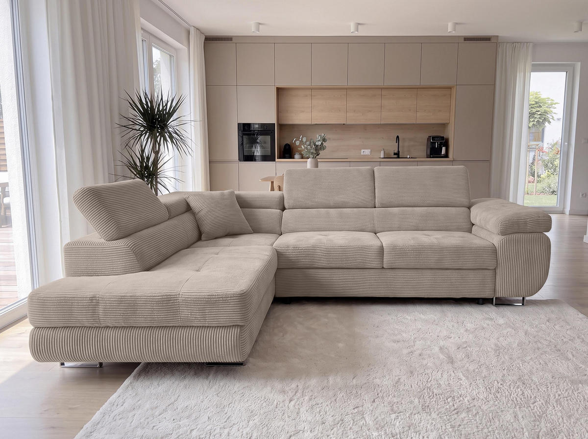 ECKSOFA L Form Konak Beige 276/201/90 cm Links mit Schlaffunktion - Beige/Silberfarben, Textil/Metall (203/276cm) - AX Living