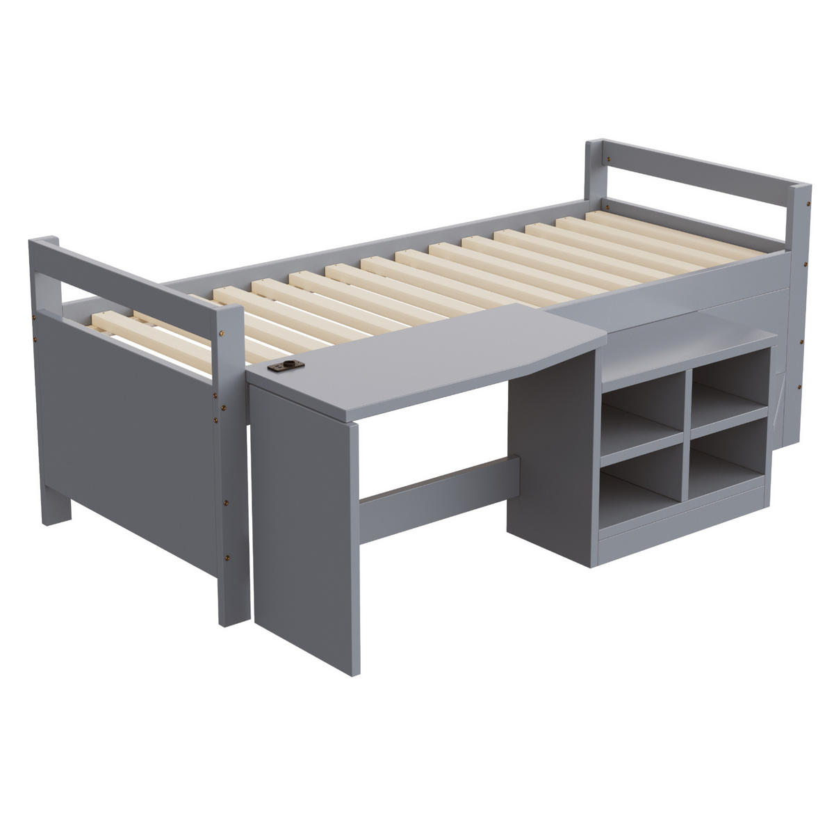 BETT 90/200 cm aus Holz mit Schreibtisch und Stauraum Grau - Grau, Holz (90/200cm) - OKMYHOME