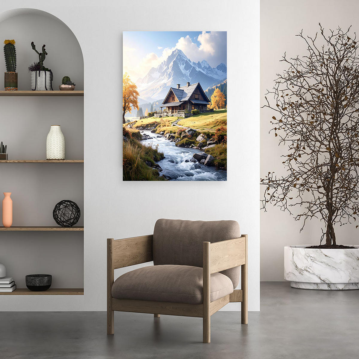 BILD auf Leinwand, Berglandschaft Bach Häuschen Natur - Multicolor, Textil (20/30cm) - Feeby