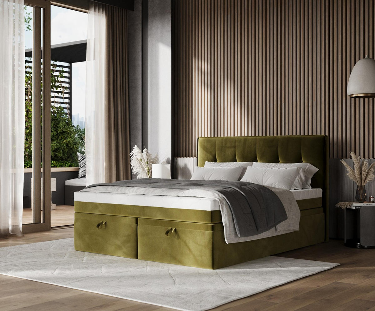 BOXBETT Arivo 160/200 cm Olivgrün im Kronos Stoff - Schwarz/Olivgrün, Holz/Holzwerkstoff (160/200cm) - AltaBeds