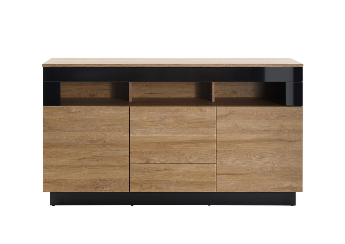 SIDEBOARD M14 Schwarz Hochglanz & Grandson Oak hell 149/85/43 cm mittel - Schwarz Hochglanz/Eichefarben, Holzwerkstoff (149/85/43cm) - Livojo