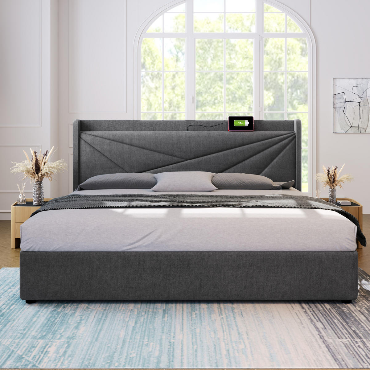 POLSTERBETT 160/200 mit Bettkasten, USB, Type-C und Matratze in Grau - Grau, Holzwerkstoff/Textil (160/200cm) - EVRYAE