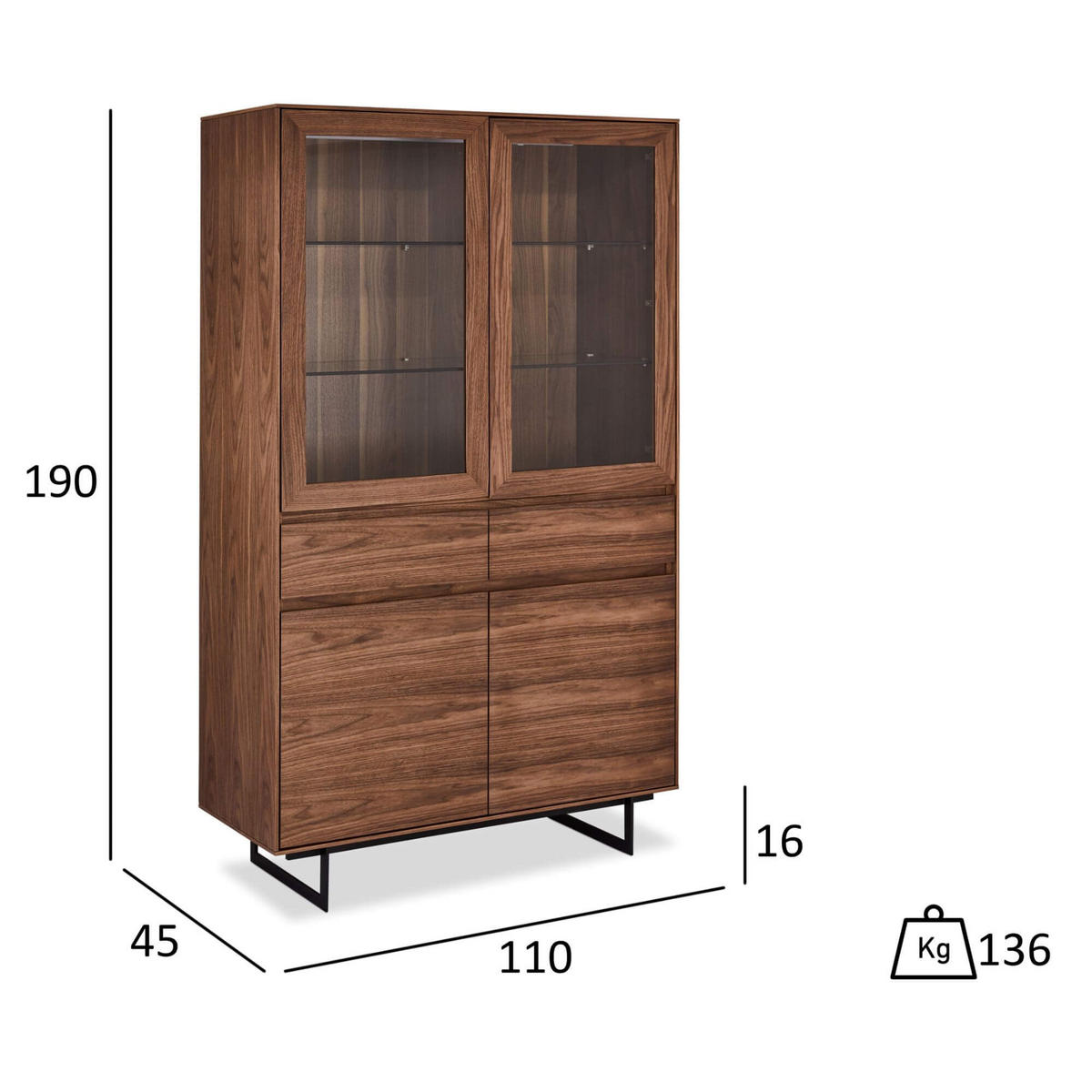 VITRINE Amerikanisches Walnussfurnier - Schwarz/Braun, Holz/Metall (110/190/45cm) - Furnhouse
