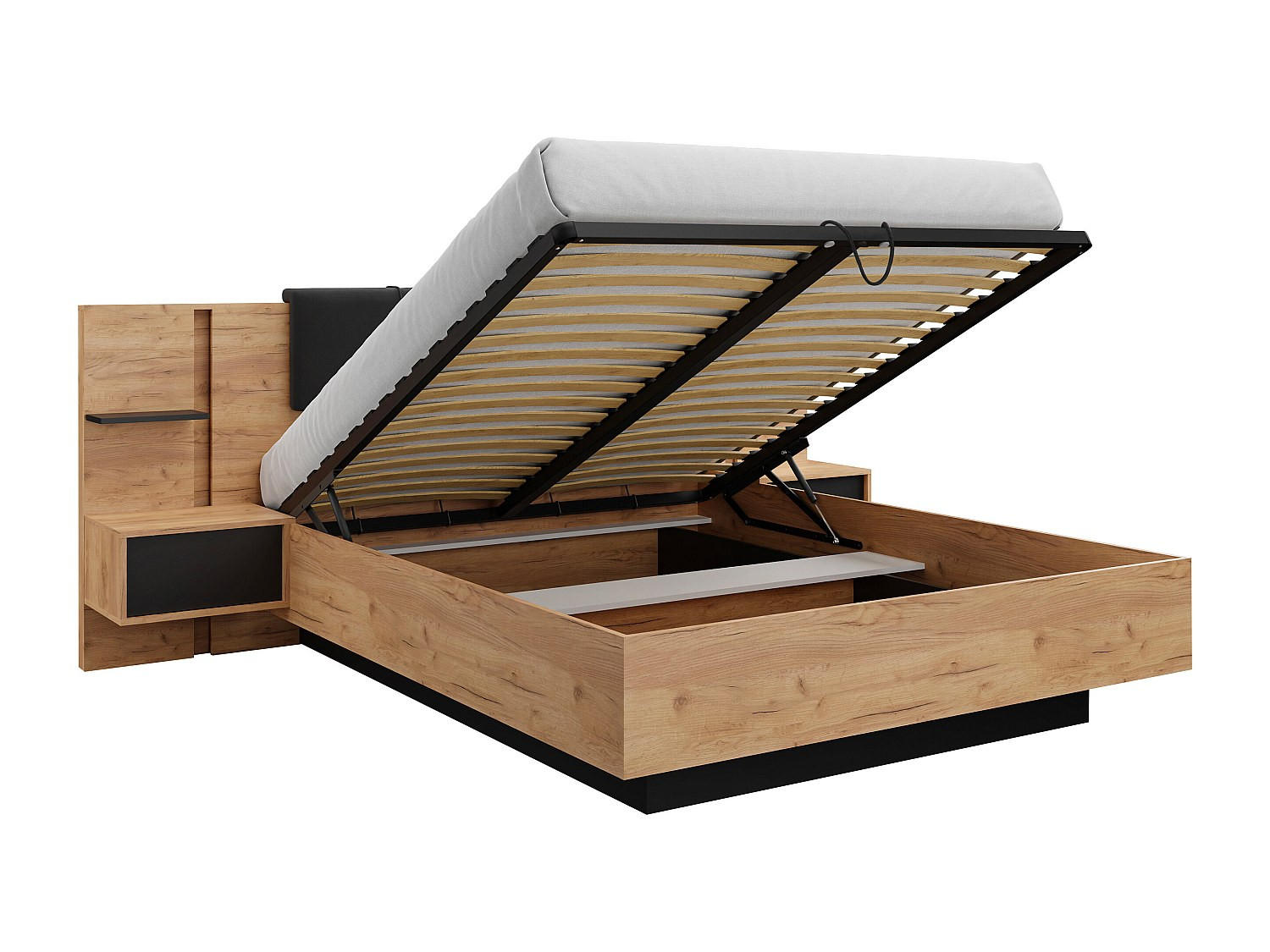 BETT mit Bettkasten - 2 Personen - Stoff, Holz, Platte - Anthrazitgrau, Naturfarben Hell - - Anthrazit/Naturfarben, Holz/Holzwerkstoff (160/200cm) - Vente-Unique