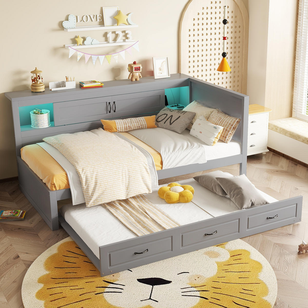 SCHLAFSOFA 90x200cm Grau LED-Licht Bettseite Staufach Ausziehbett USB - Grau, Holz (90/200cm) - FLIEKS