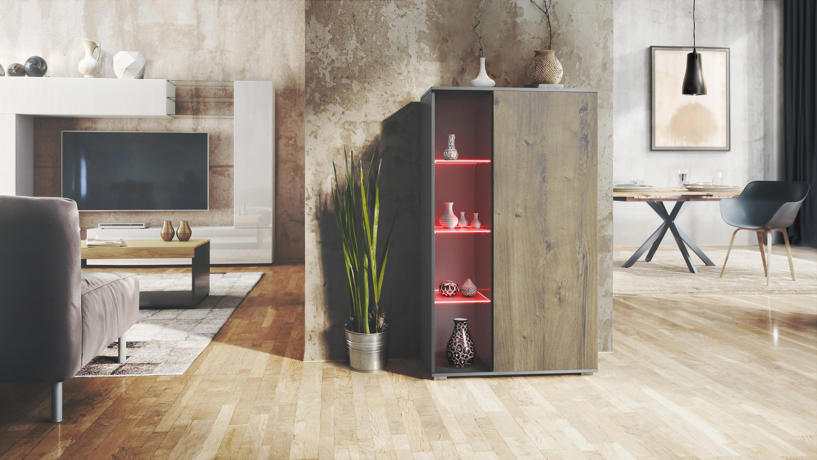 VITRINE Davos Eiche Ribbeck - Alteiche, Holzwerkstoff (71.5/134/35cm) - Vladon