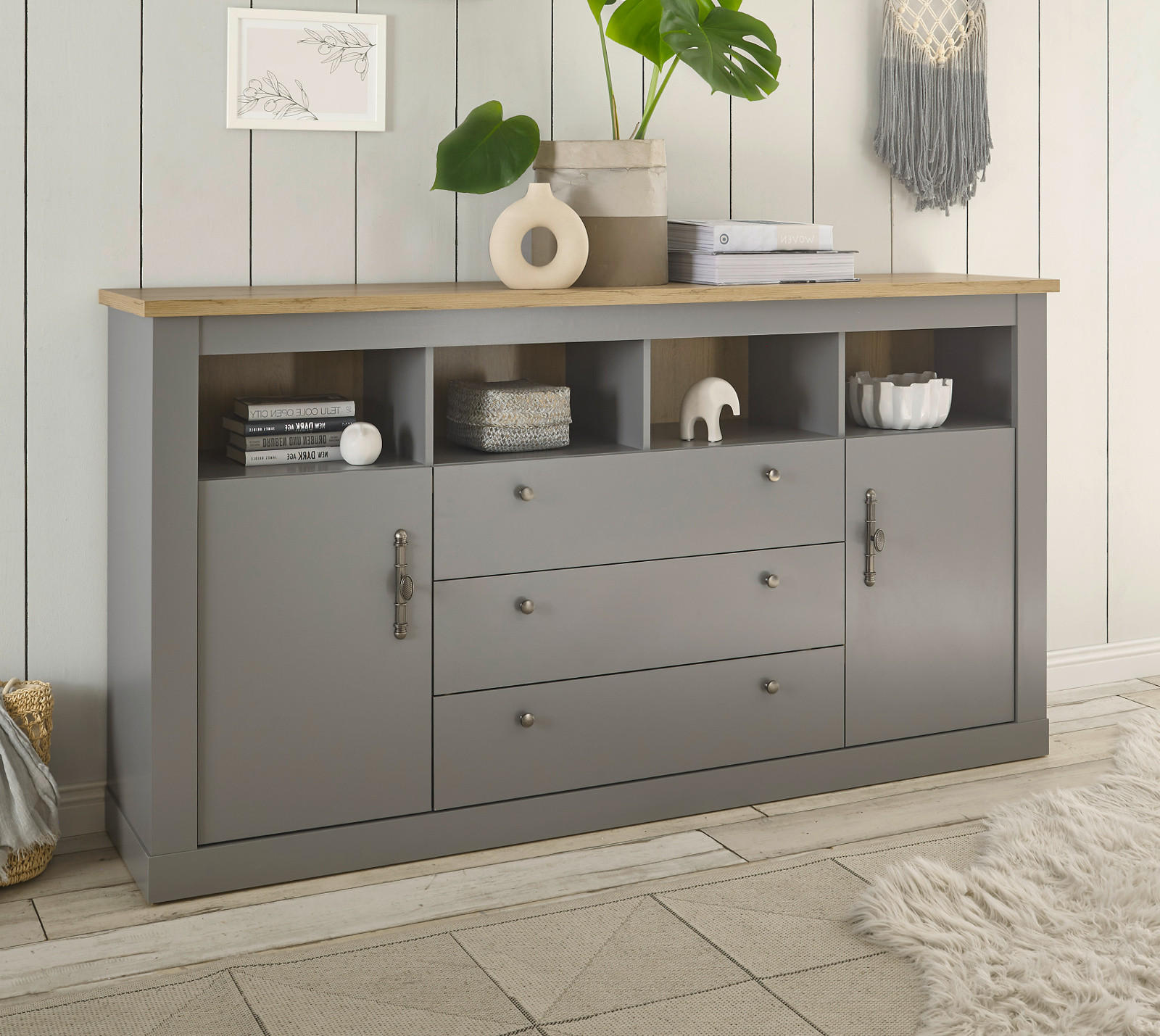 SIDEBOARD grau, Artisan Eiche Landhaus, Kommode 198 x 104 cm - Silberfarben/Hellgrau, Holzwerkstoff/Metall (198/104/44cm) - Furn.Design