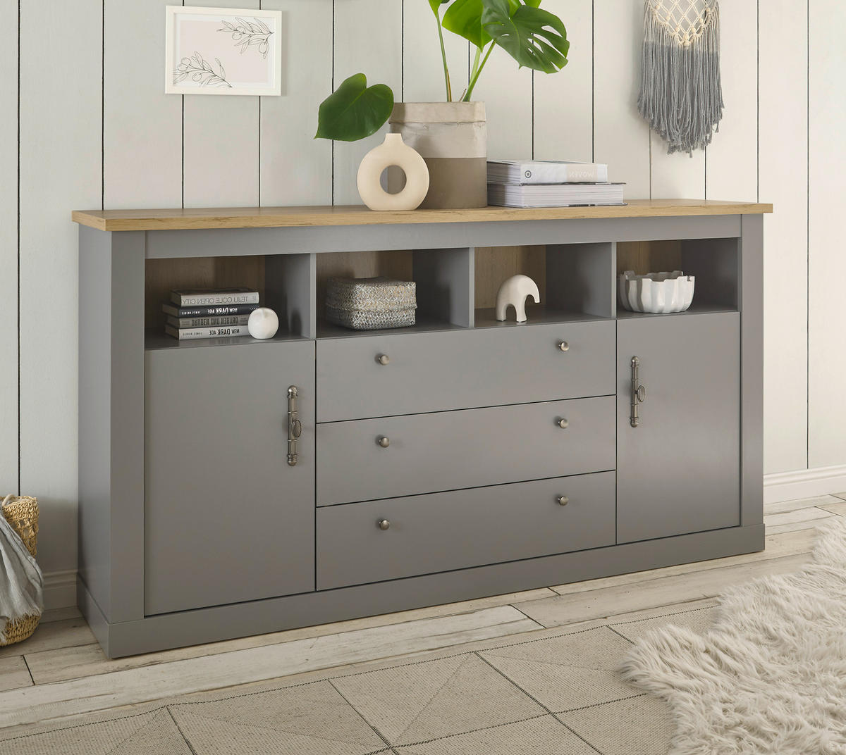 SIDEBOARD grau, Artisan Eiche Landhaus, Kommode 198 x 104 cm - Silberfarben/Hellgrau, Holzwerkstoff/Metall (198/104/44cm) - Furn.Design