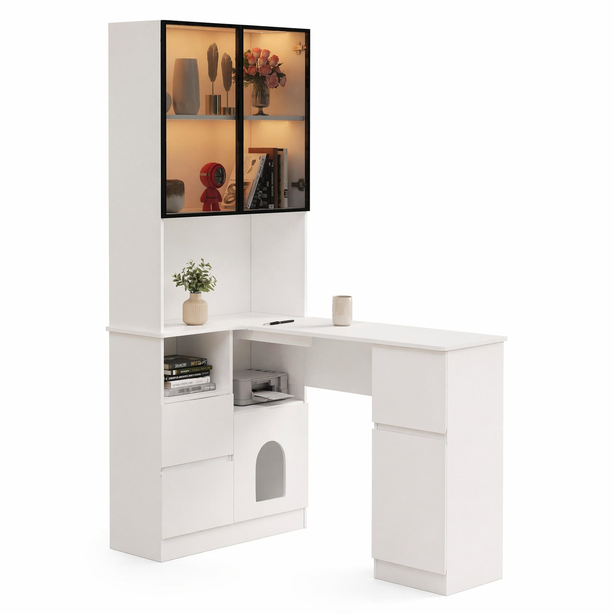 SCHREIBTISCH in Weiß Eckschreibtisch mit Regal und LED-Vitrine für Wohnzimmer und Schlafzimmer, B120/T80/H180 cm - Weiß, Holzwerkstoff/Metall (80/120/180cm) - STILVORA