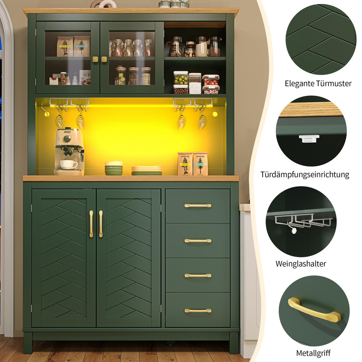 BUFFETSCHRANK 105,5/40/180 cm grün aus MDF mit LED-Lichtleiste - Grün, Holzwerkstoff (105.5/180/40cm) - OKWISH