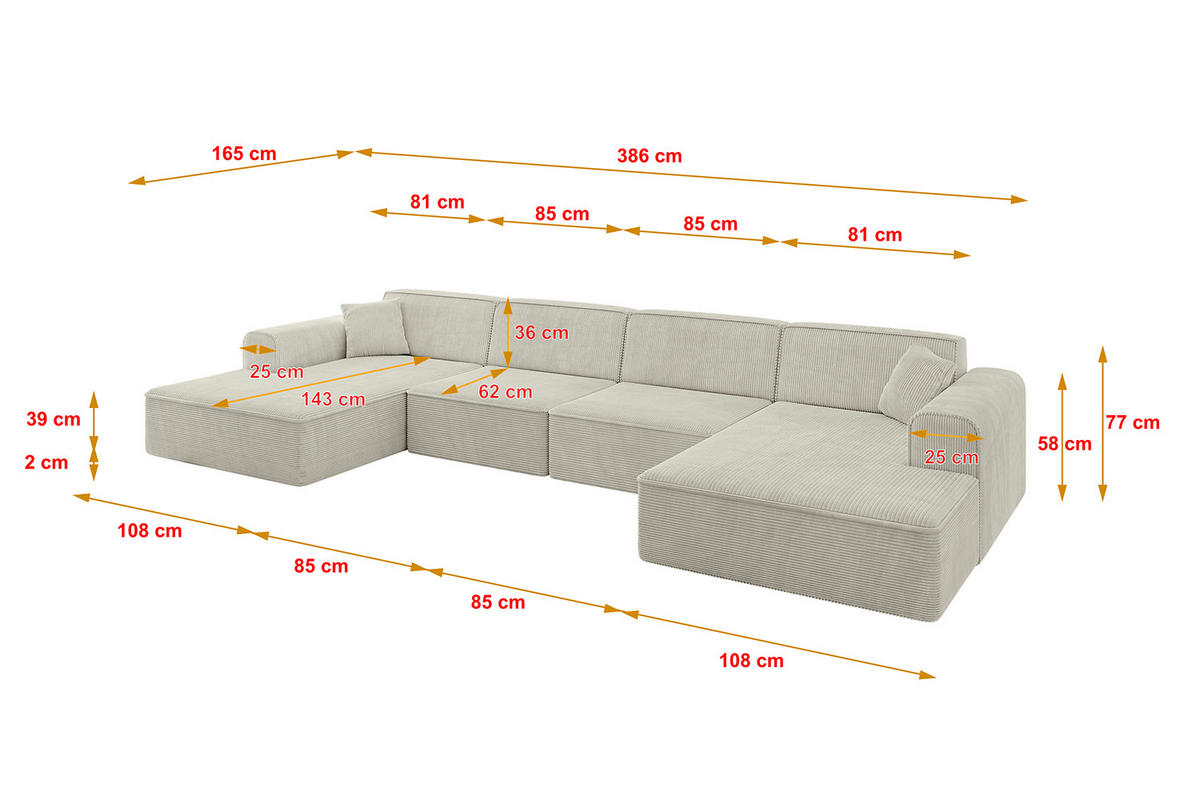 WOHNLANDSCHAFT IREA-U2-v3 - 386x165x77 cm Hellgrau - Ecru/Creme, Holzwerkstoff/Textil (386/77/165cm) - ALTDECOR