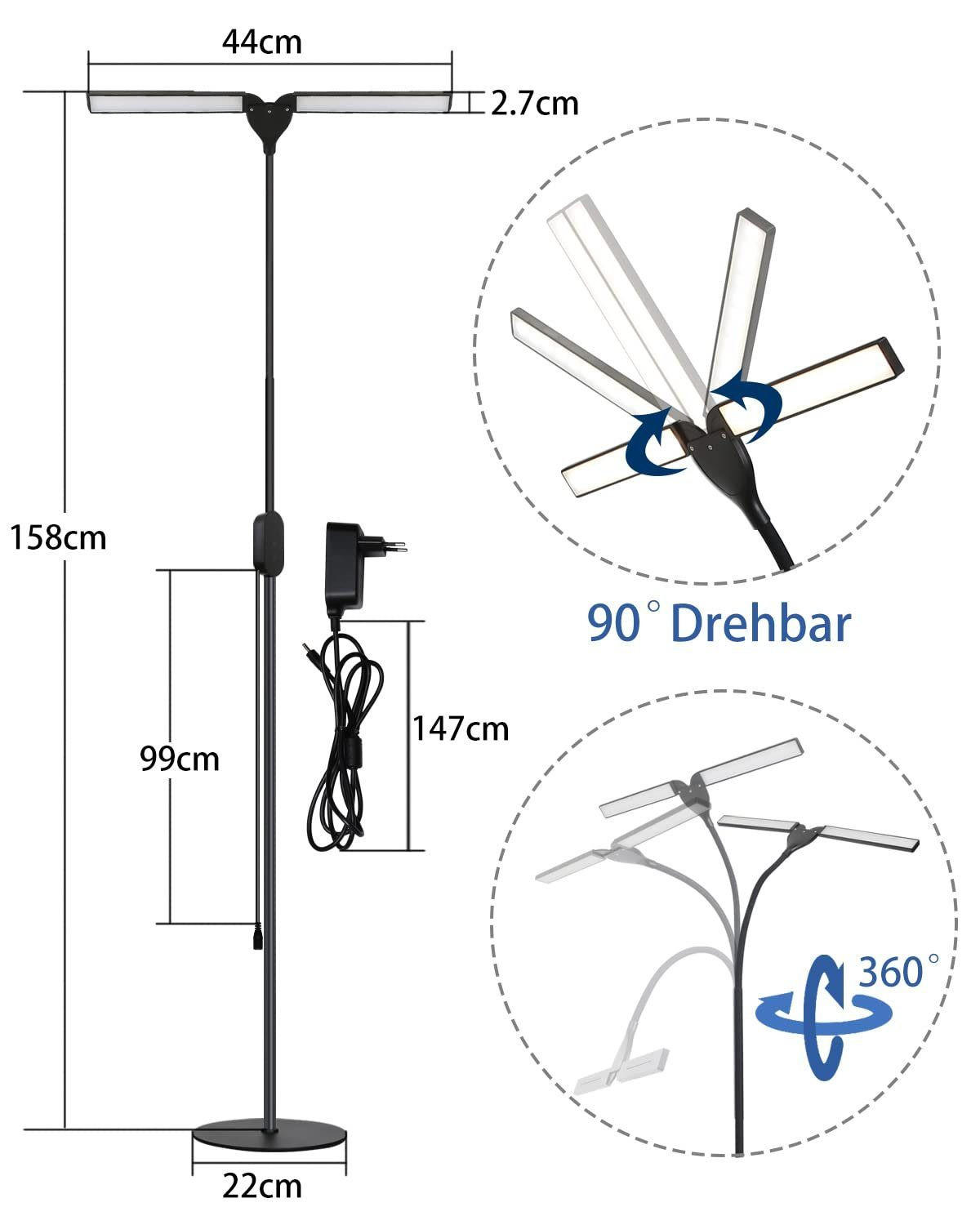 STEHLEUCHTE Duisburg 44/22/158 cm - Schwarz, Metall (32/32/166cm) - Nettlife
