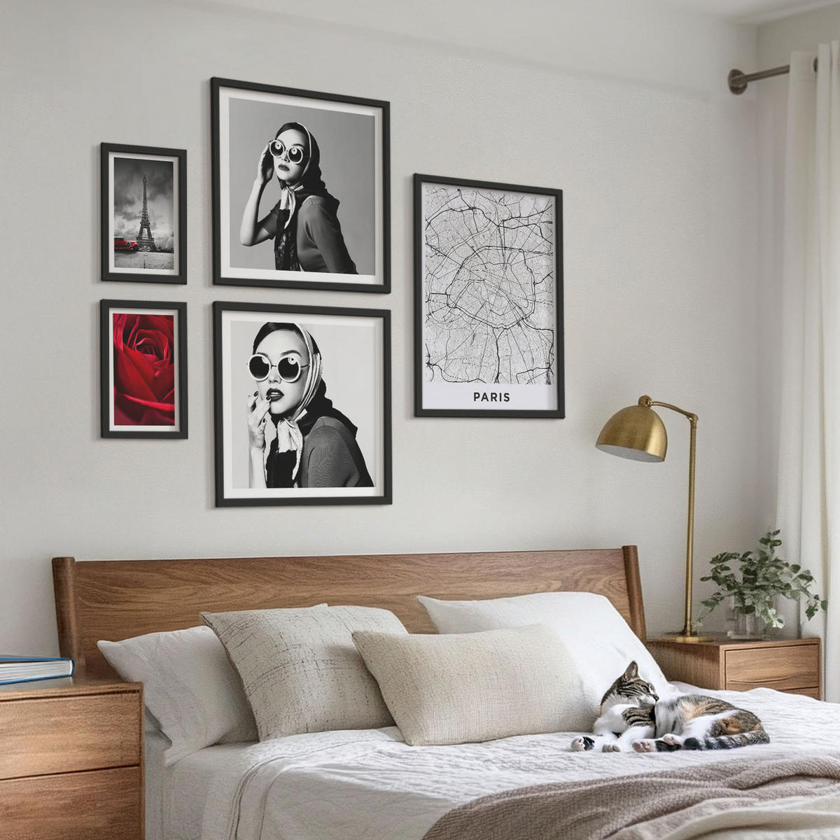 BILDER SET 5er Set - 50x50 cm & 20x30 cm & 40x60 cm Schwarzer Rahmen - Pariserin mit Eiffelturmbrille - Schwarz, Kunststoff (40/60cm) - TULUP