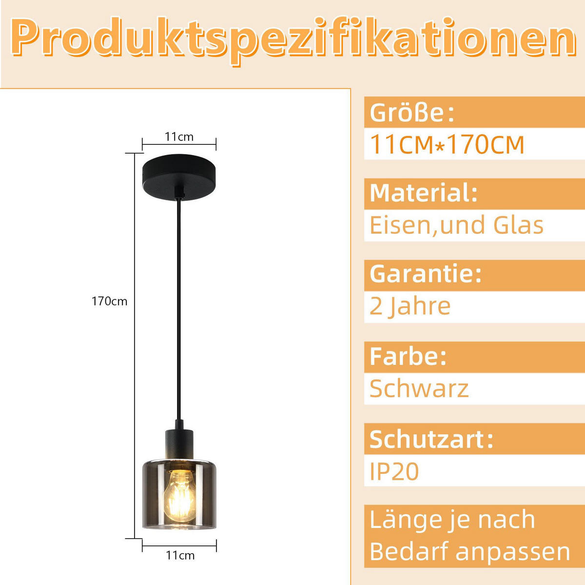 HÄNGELEUCHTE Verena 11/11/195 cm - Grau, Glas (11/11/195cm) - Nettlife