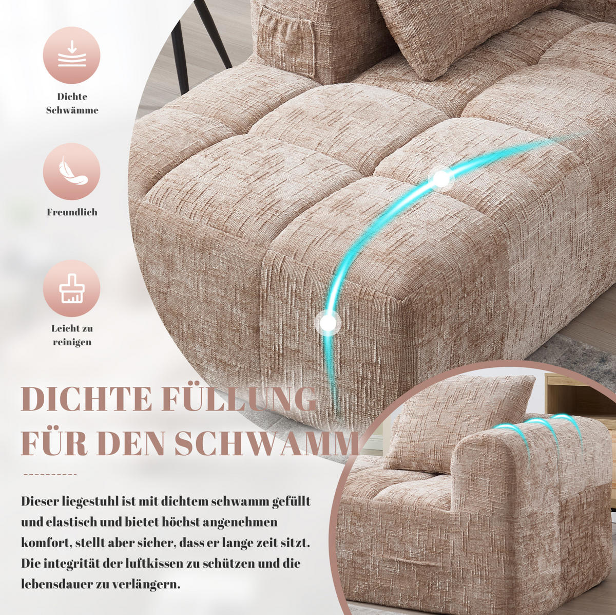 CHAISELONGUE Sofa Chenille mit Seitentaschen und Kissen 158/90/60 cm Sandfarben - Sandfarben, Textil (60/158/90cm) - Redom