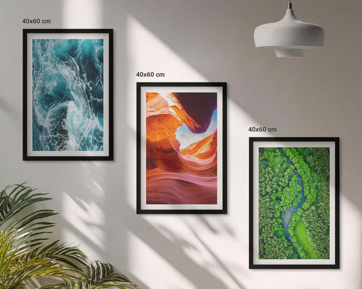 BILDER SET 3er Set - 40x60 cm Schwarzer Rahmen - Wasserbewegung Canyon grüner Wald - Schwarz, Kunststoff (40/60cm) - TULUP