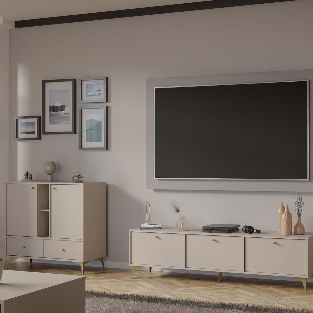 KOMMODE FLOREN, Creme/Gold - Creme, Holzwerkstoff/Metall (100.2/93.5/40.8cm) - KONSIMO®