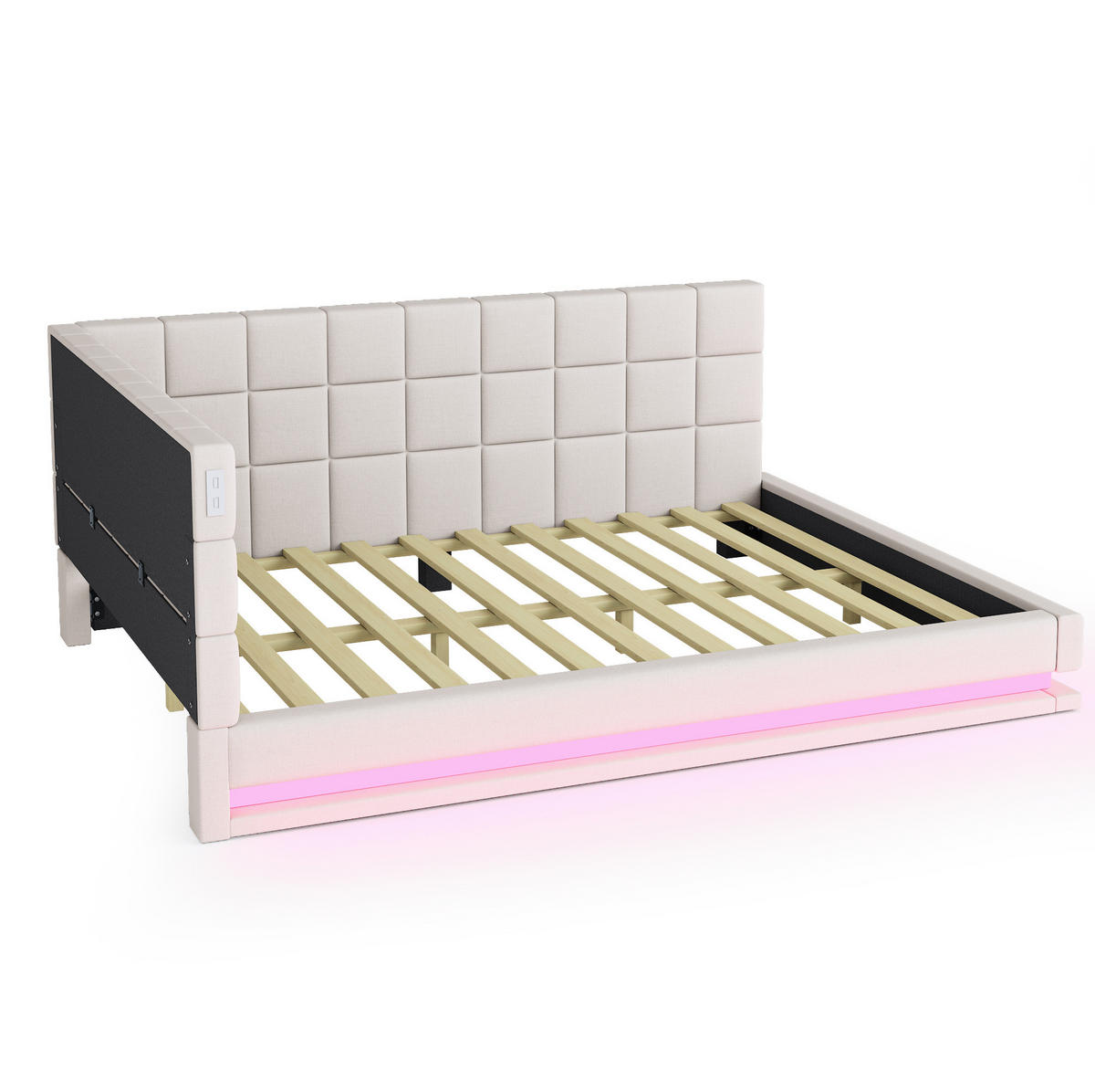 POLSTERBETT 140/200 cm Beige aus Leinen mit LED-Lichtleiste und USB-Steckdose - Beige, Leder (140/200cm) - OKMYHOME