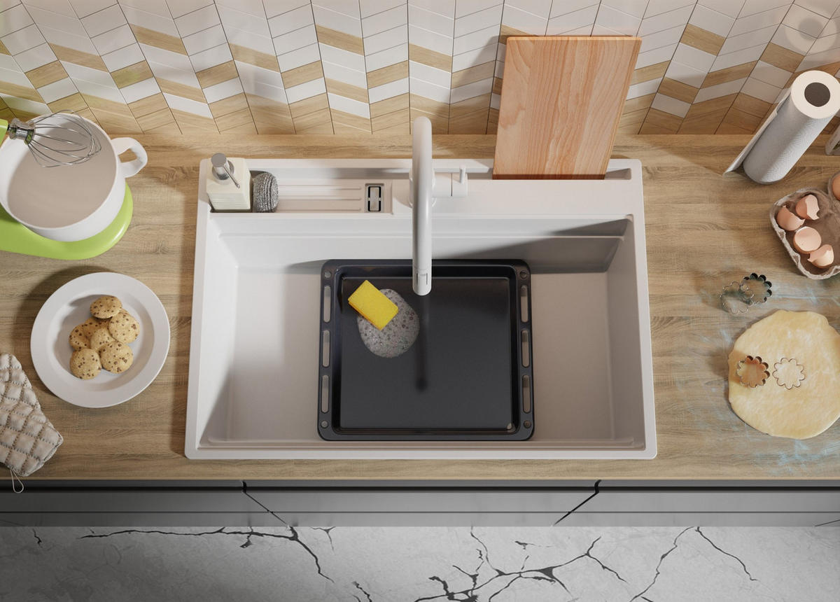 SPÜLBECKEN Oslo Pocket, 2-er set Weiß 78/53 cm 1 Becken + Ablauf-Set + Küchenzubehörset ab 80er Unterschrank - Chromfarben/Beige, Kunststoff (78/20/53cm) - Primagran
