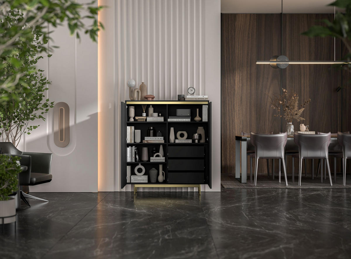 KOMMODE Selene 2D Schwarz matt 111 cm mit goldenem Metallrahmen - Goldfarben/Schwarz, Holzwerkstoff/Metall (111/125/35cm) - Meble Lindner