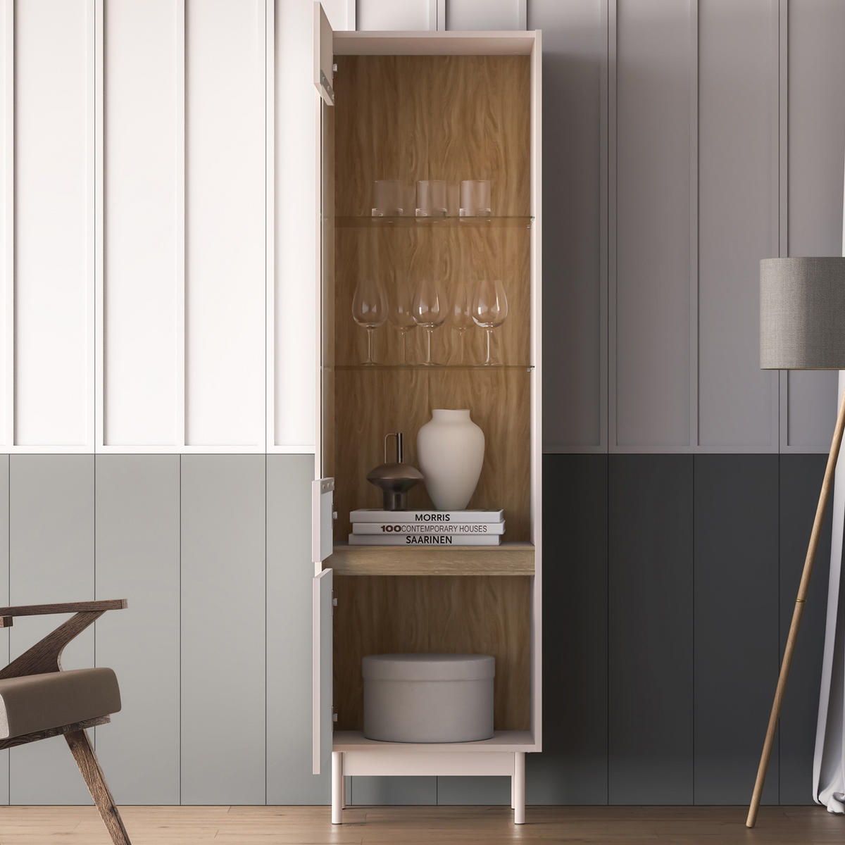 VITRINENSCHRÄNK NALIA, Vitrine, Creme/Eiche - Eichefarben/Creme, Glas/Holzwerkstoff (55/193/40cm) - KONSIMO®