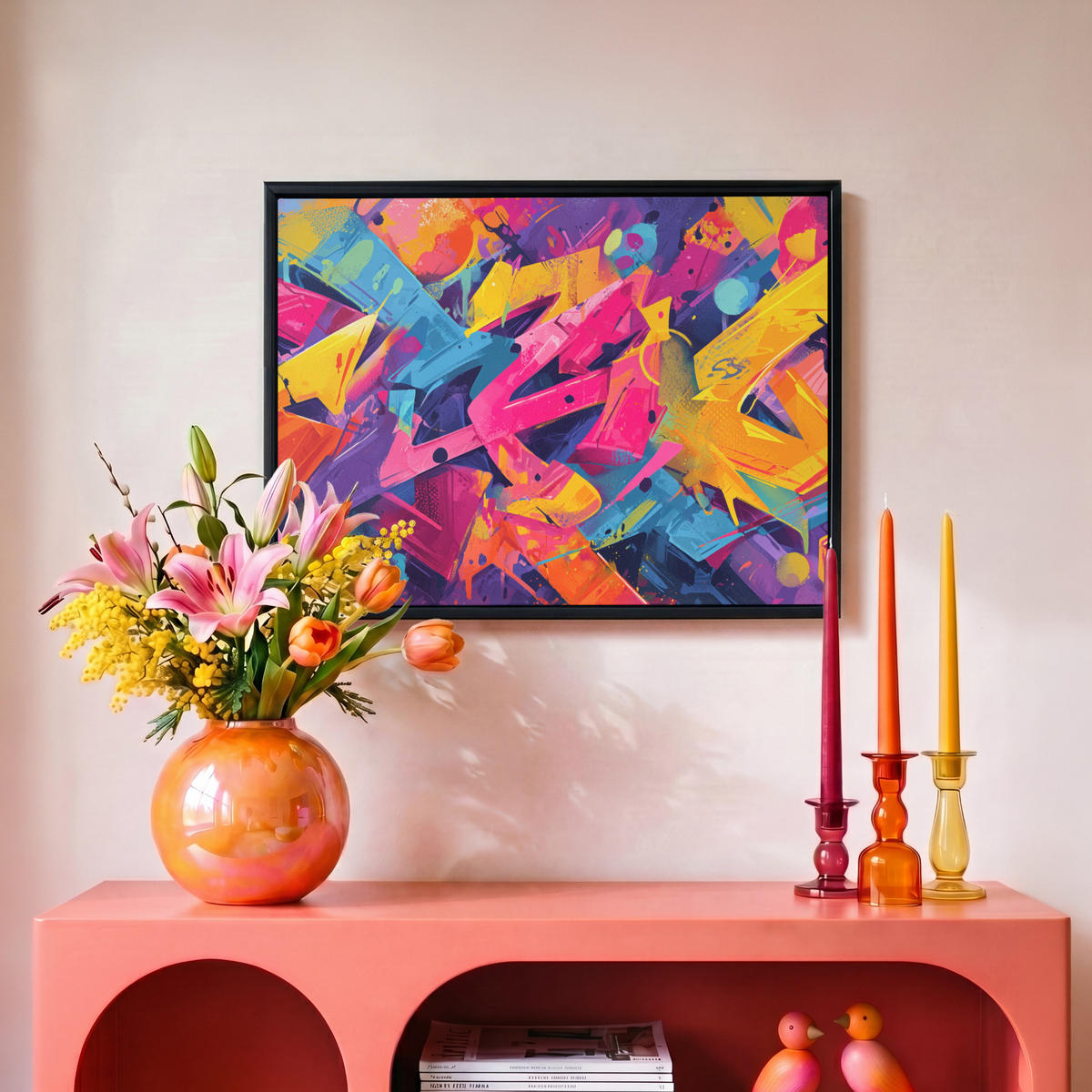 LEINWAND Bilder mit Rahmen - Abstrakt - Formen - Farbenfroh - 40x30 - Magenta, Textil (40/30cm) - MuchoWow